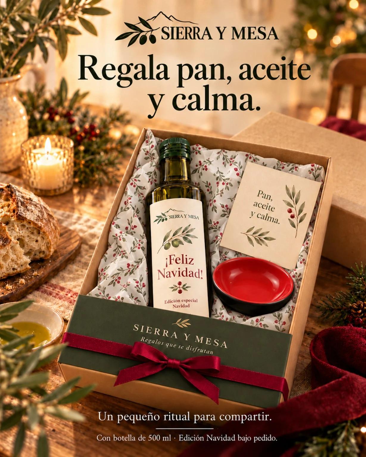 Pan, aceite y calma edición Navidad: botella de 500 ml, cuenco rojo vacío y tarjeta en caja kraft con lazo granate